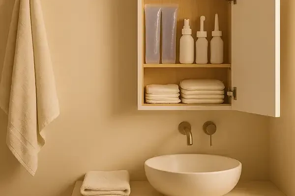 Minimalist bathroom with postpartum care items and warm lighting for healing and recovery