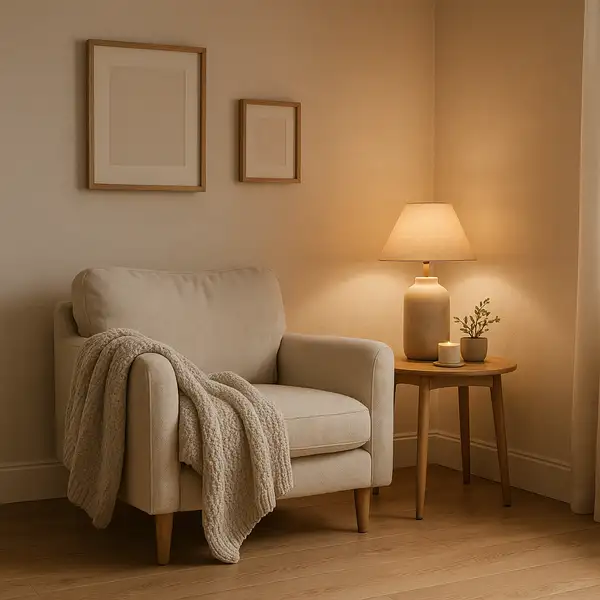 Cozy armchair with blanket and soft lighting in a calming recovery space