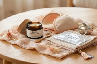 Nipple care essentials for pregnancy relief including lanolin cream, hydrogel pads, and soft cotton liners on a wooden table.