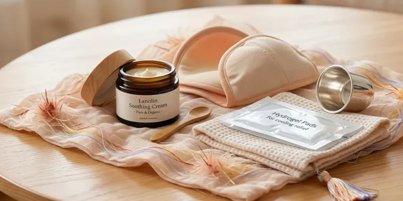 Nipple care essentials for pregnancy relief including lanolin cream, hydrogel pads, and soft cotton liners on a wooden table.