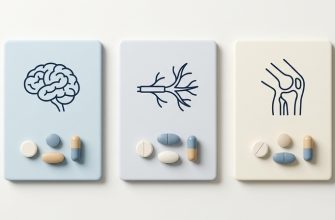 A conceptual diagram featuring three tiles representing headache, nerve pain, and joint pain relievers with medication pieces.