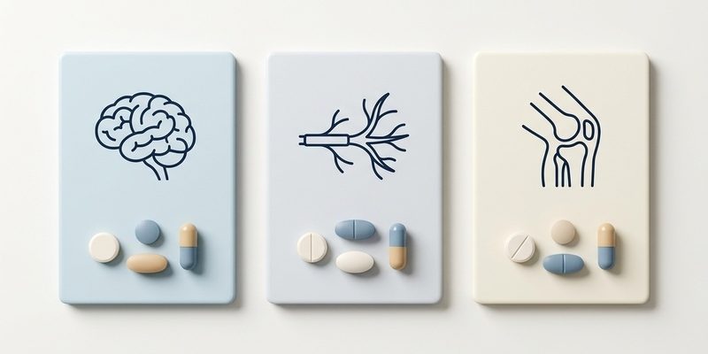 A conceptual diagram featuring three tiles representing headache, nerve pain, and joint pain relievers with medication pieces.