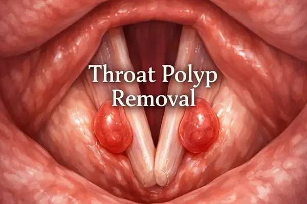 Anatomical illustration of the vocal cords showing benign throat polyps on both vocal folds