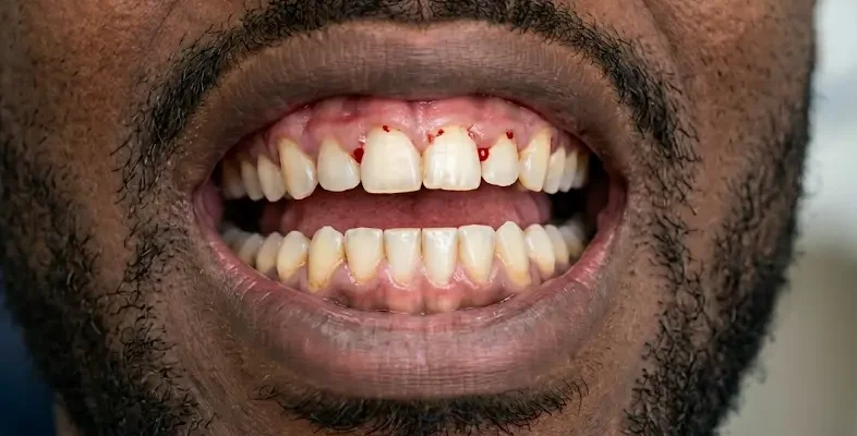 Close-up of a man's mouth showing early signs of gingivitis with slightly inflamed gums and a small spot of blood between the upper teeth.