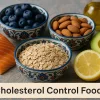A balanced selection of cholesterol control foods illustrating evidence-based nutrition for improving heart health and maintaining healthy lipid levels.