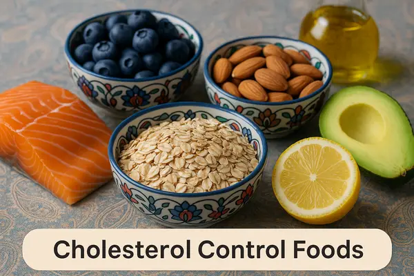 A balanced selection of cholesterol control foods illustrating evidence-based nutrition for improving heart health and maintaining healthy lipid levels.
