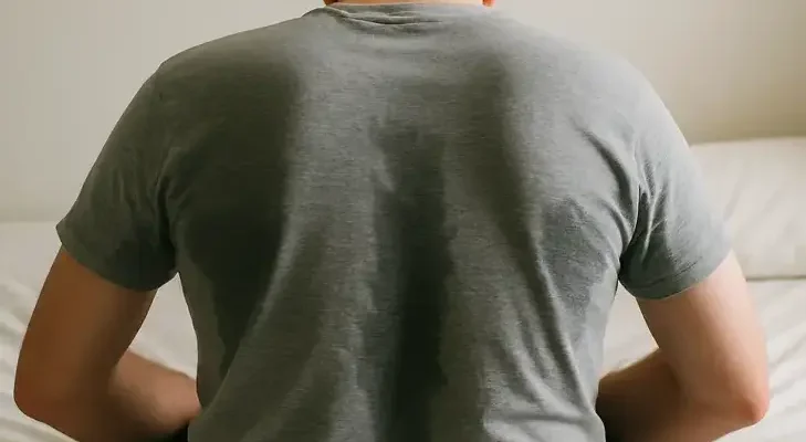 Man waking up sweaty with visible damp patches on his shirt, illustrating sour body odor while sleeping and nighttime sweating discomfort.