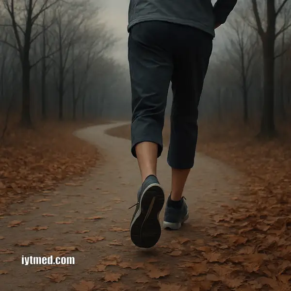 Late-autumn park trail with a runner in loose pants ending mid-shin — highlighting seasonal conditions that can trigger a runny nose after exercise.