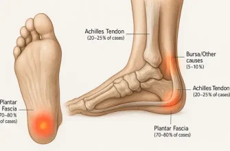Anatomical illustration of a human foot showing heel pain zones in runners: plantar fascia insertion (bottom heel), Achilles tendon insertion (back heel), and retrocalcaneal bursa (above heel). Pain points are highlighted in red, orange, and yellow with labels and percentages.