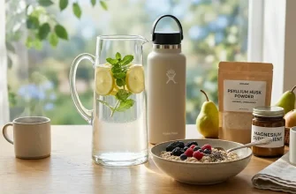 A horizontal still life featuring postpartum constipation relief essentials: a glass pitcher of lemon water, high-fiber oatmeal with berries, psyllium husk powder, and magnesium supplements on a sunlit wooden table.