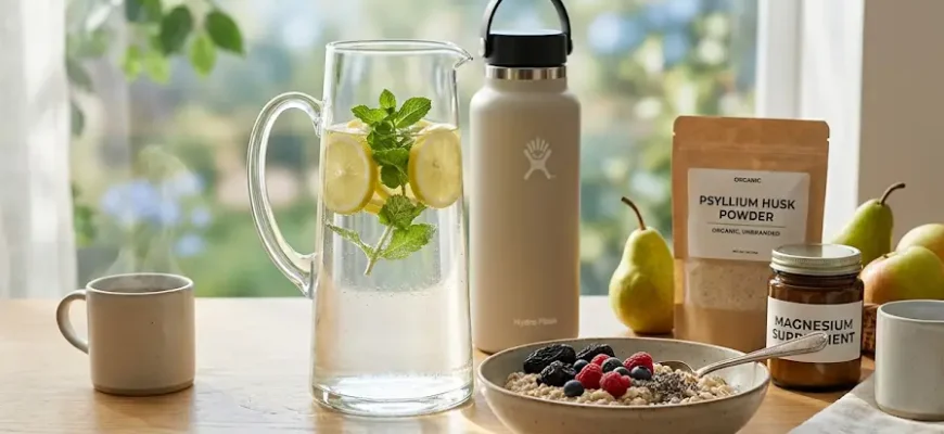 A horizontal still life featuring postpartum constipation relief essentials: a glass pitcher of lemon water, high-fiber oatmeal with berries, psyllium husk powder, and magnesium supplements on a sunlit wooden table.