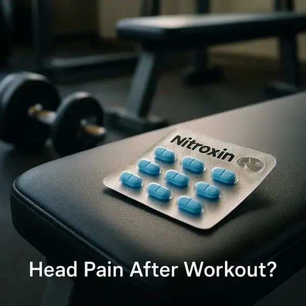 Headache tablets on gym bench beside weights, illustrating treatment for sharp head pain after workout or physical exertion.