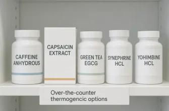 Pharmacy shelf with five over-the-counter fat burner supplements labeled Caffeine Anhydrous, Capsaicin Extract, Green Tea EGCG, Synephrine HCL, and Yohimbine HCL, displayed in clean medical packaging under the sign Over-the-counter thermogenic options