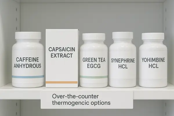 Pharmacy shelf with five over-the-counter fat burner supplements labeled Caffeine Anhydrous, Capsaicin Extract, Green Tea EGCG, Synephrine HCL, and Yohimbine HCL, displayed in clean medical packaging under the sign Over-the-counter thermogenic options