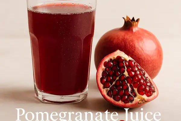 Glass of fresh pomegranate juice with whole and halved pomegranates – natural remedy for enlarged prostate health