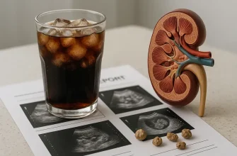 Dark soda with ice next to kidney model and kidney stones on medical report, illustrating soda’s link to kidney stone risk
