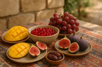 High-sugar fruits like mango, grapes, figs, and dates displayed in a traditional Azerbaijani setting — visual guide to natural sugar in fruit.
