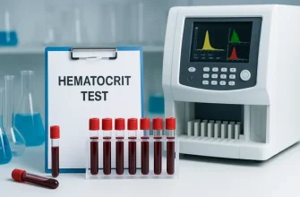 Laboratory setup with hematology analyzer, clipboard labeled “Hematocrit Test,” and blood sample tubes prepared for diagnostic testing.