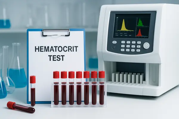 Laboratory setup with hematology analyzer, clipboard labeled “Hematocrit Test,” and blood sample tubes prepared for diagnostic testing.