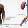 An anatomical diagram comparing a healthy upper torso to a detailed medical illustration of an abdominal aortic bypass graft surgery for peripheral artery disease.