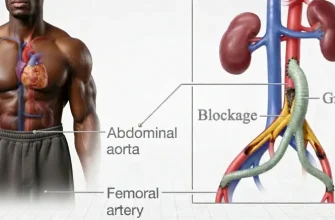 An anatomical diagram comparing a healthy upper torso to a detailed medical illustration of an abdominal aortic bypass graft surgery for peripheral artery disease.