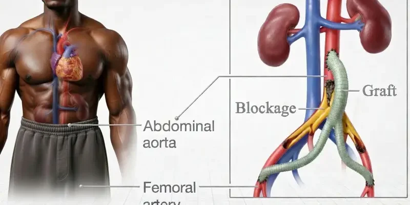 An anatomical diagram comparing a healthy upper torso to a detailed medical illustration of an abdominal aortic bypass graft surgery for peripheral artery disease.