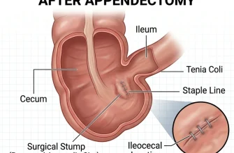 anatomical diagram of the 'After' state following an appendectomy.