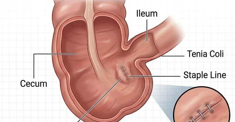 anatomical diagram of the 'After' state following an appendectomy.