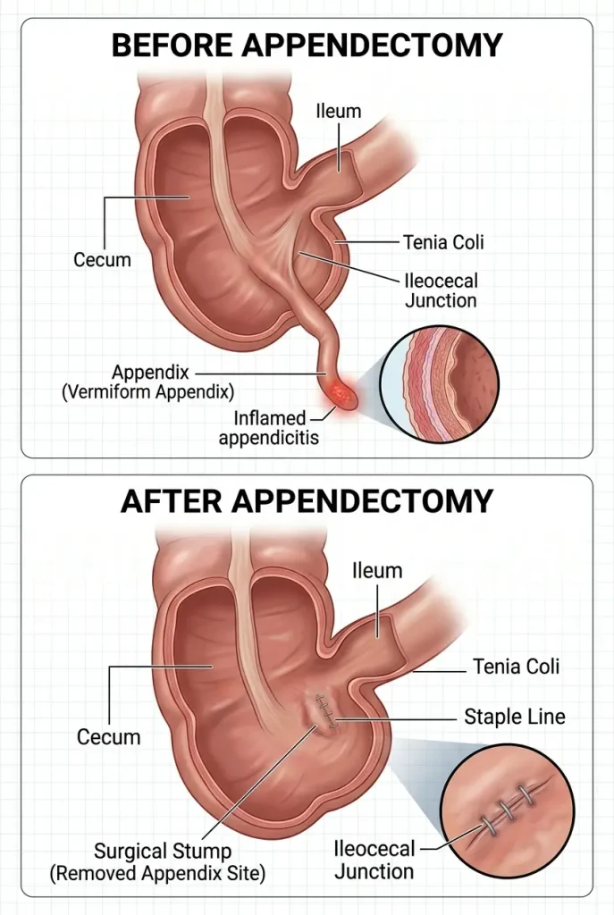 Vertical anatomical diagram of the cecum showing an inflamed appendix in the 'Before' state and a surgical stump with staples in the 'After' state following an appendectomy.