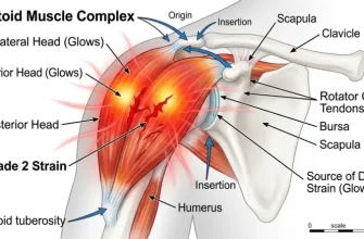 Anatomical diagram of a shoulder showing a Grade 2 deltoid muscle strain with highlighted pain areas and muscle fiber tears for physical therapy education.