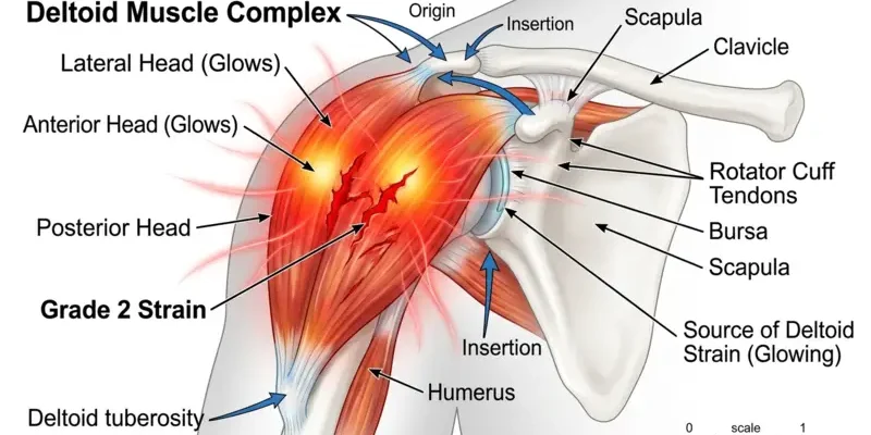 Anatomical diagram of a shoulder showing a Grade 2 deltoid muscle strain with highlighted pain areas and muscle fiber tears for physical therapy education.