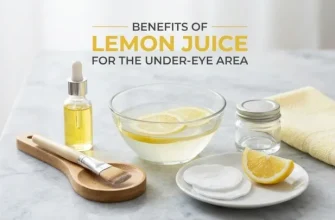 Topical application setup for lemon juice under eye treatment, featuring natural ingredients and cotton pads on a stone surface.