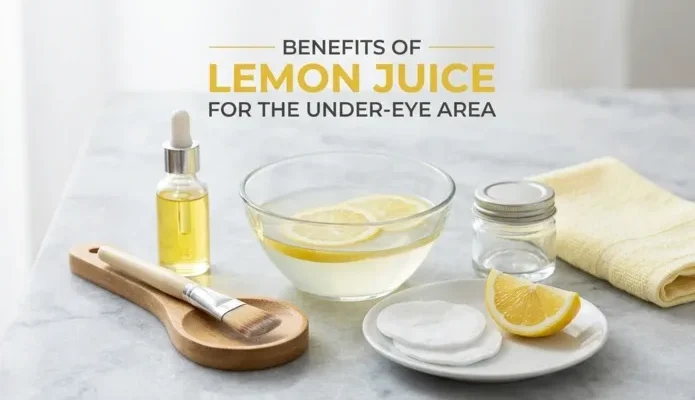 Topical application setup for lemon juice under eye treatment, featuring natural ingredients and cotton pads on a stone surface.