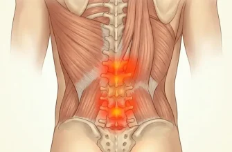 Anatomical illustration of the lower back showing glowing red pain points and muscle spasms in the lumbar region and sacroiliac area.