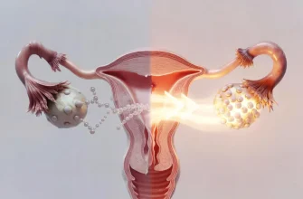 3D medical illustration of the female reproductive system comparing a dormant ovary and a rejuvenated, glowing ovary to represent menopause reversal concepts.