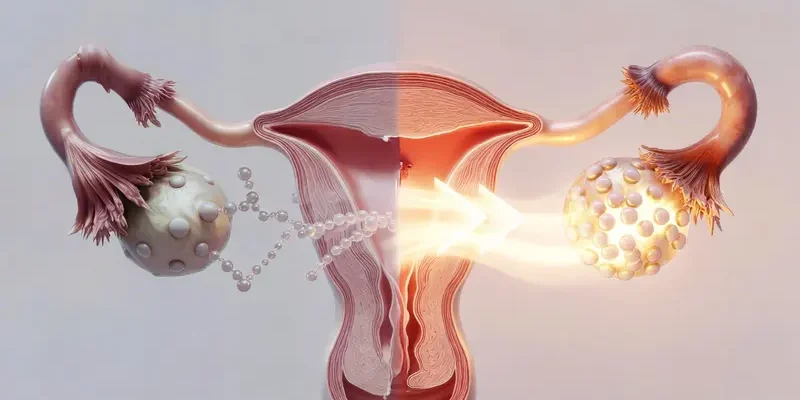 3D medical illustration of the female reproductive system comparing a dormant ovary and a rejuvenated, glowing ovary to represent menopause reversal concepts.