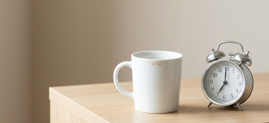 A white coffee cup and a classic alarm clock on a wooden table, representing morning fatigue and excessive yawning causes.