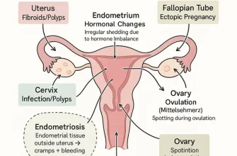 Diagram of the female reproductive system showing causes of intermenstrual bleeding and cramps such as fibroids, hormonal changes, ovulation, and endometriosis.