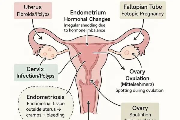 Diagram of the female reproductive system showing causes of intermenstrual bleeding and cramps such as fibroids, hormonal changes, ovulation, and endometriosis.