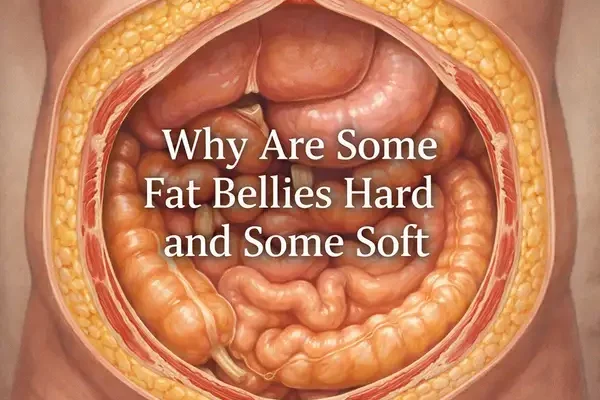 Medical illustration of abdominal fat layers showing why some fat bellies feel hard while others remain soft, highlighting visceral and subcutaneous fat.