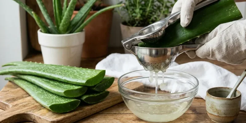 Close-up of extracting fresh organic aloe vera leaf juice into a glass bowl using a manual press for health benefits.