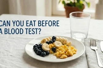 Healthy breakfast plate with blueberries, bananas, and scrambled eggs on a table with the headline "Can You Eat Before a Blood Test?" for iytmed.com by Reyus Mammadli.