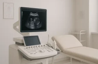 Ultrasound machine in second trimester pregnancy exam room for 15 weeks abdominal pressure diagnosis