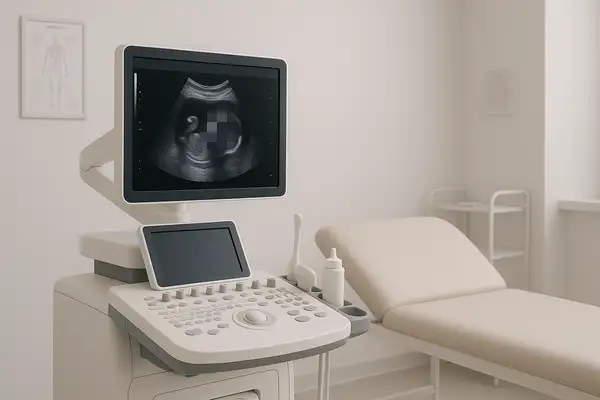 Ultrasound machine in second trimester pregnancy exam room for 15 weeks abdominal pressure diagnosis