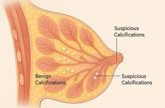 Medical diagram of breast anatomy showing benign and suspicious calcifications in milk ducts, fibrous tissue, and fat layers.