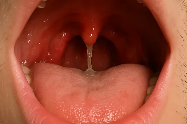Close-up of an open mouth with mild throat mucus near tonsils, showing postnasal drip symptoms and constant phlegm at the back of the throat.