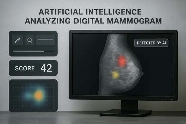 Conceptual infographic of AI analyzing a breast mammogram, highlighting suspicious areas using diagnostic tools like iCAD, Koios, and Transpara.