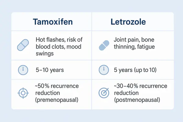 High-quality medical infographic comparing Tamoxifen and Letrozole, showing side effects, duration of use, and treatment effectiveness.
