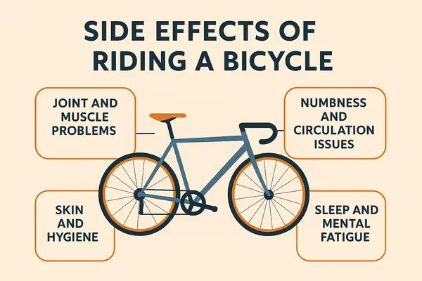 Infographic illustrating the side effects of riding a bicycle, highlighting key physical issues faced by regular cyclists.