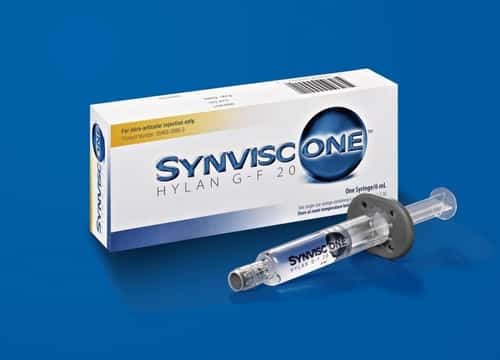 Synvisc-One is a lubricating gel which is injected into an affected knee to provide up to six months of pain relief and knee joint shock-absorption.